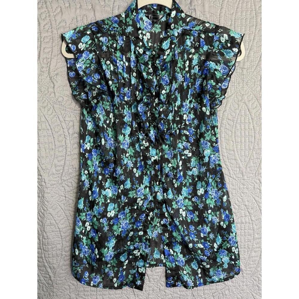 Maurices Floral V-Neck Womens Stretchy Blouse Size M, Black, royal blue, & Aqua